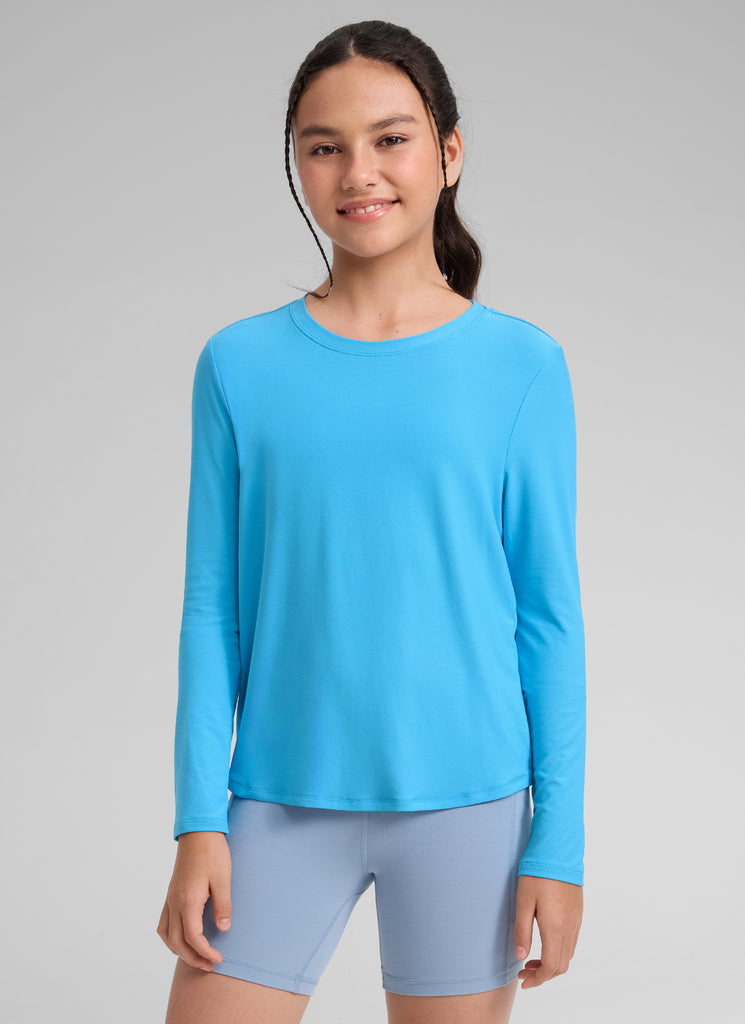 CRZ YOGA Girl's Cloudweight Casual Scoop Neck Hip Length Long Sleeves Kayak Blue
