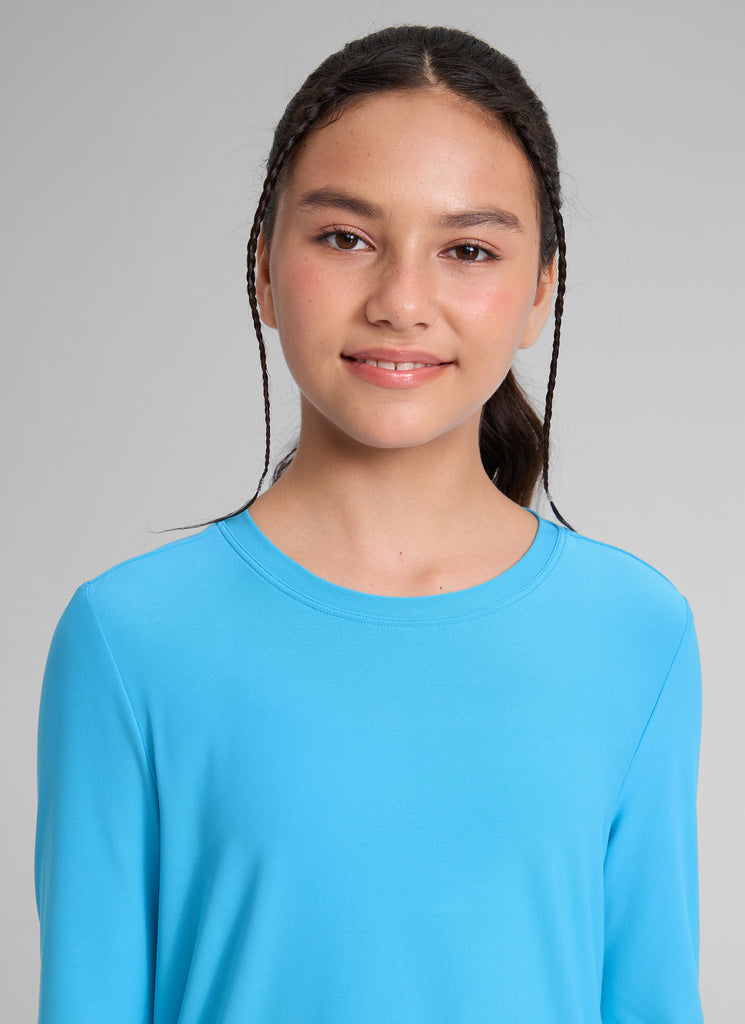 CRZ YOGA Girl's Cloudweight Casual Scoop Neck Hip Length Long Sleeves Kayak Blue