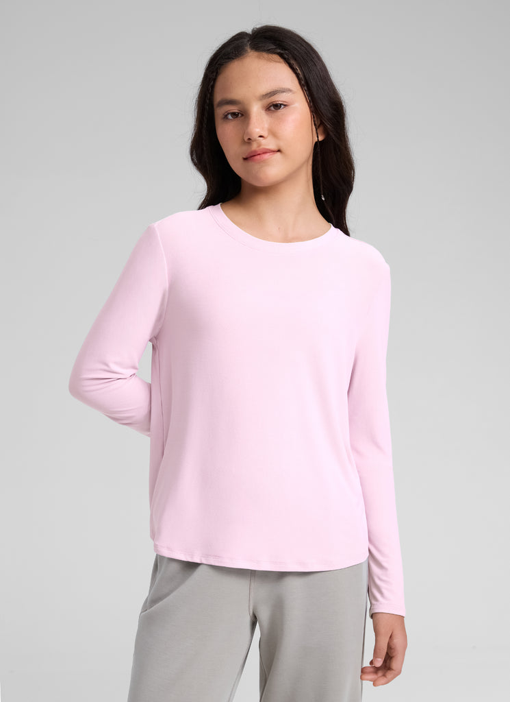 CRZ YOGA Girl's Cloudweight Casual Scoop Neck Hip Length Long Sleeves Pink Peony