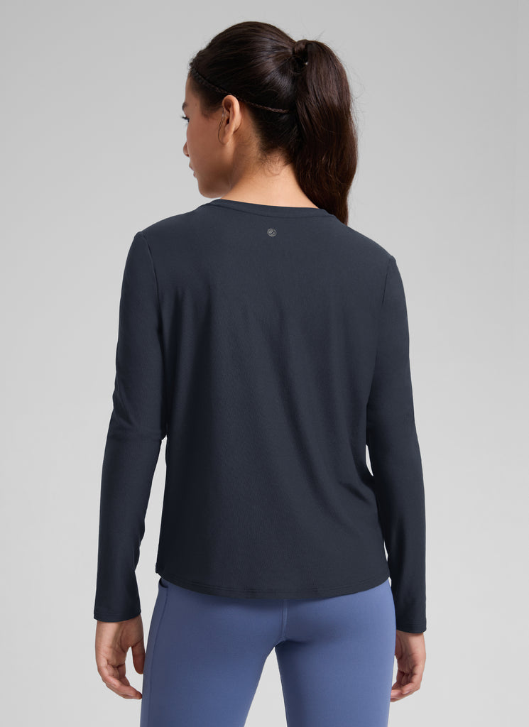 CRZ YOGA Girl's Cloudweight Casual Scoop Neck Hip Length Long Sleeves True Navy