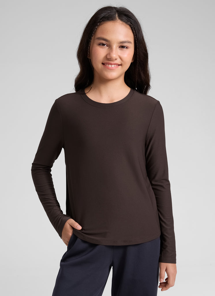 CRZ YOGA Girl's Cloudweight Casual Scoop Neck Hip Length Long Sleeves Hot Fudge Brown