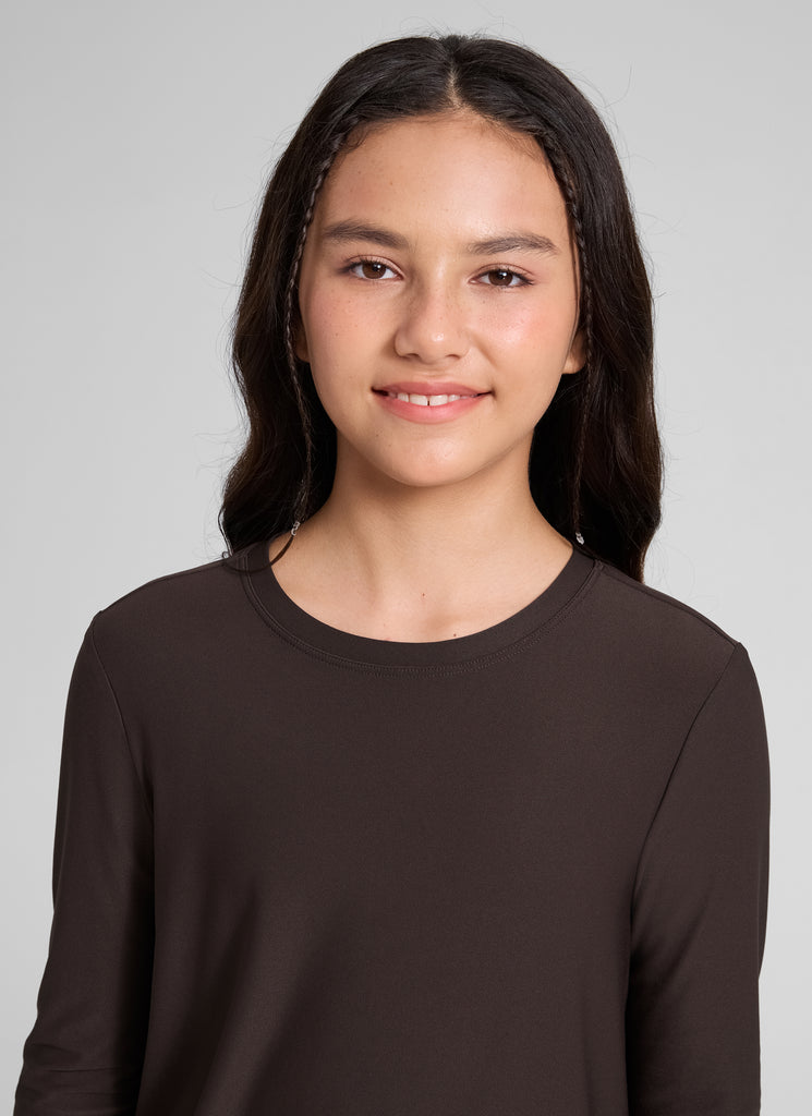 CRZ YOGA Girl's Cloudweight Casual Scoop Neck Hip Length Long Sleeves Hot Fudge Brown