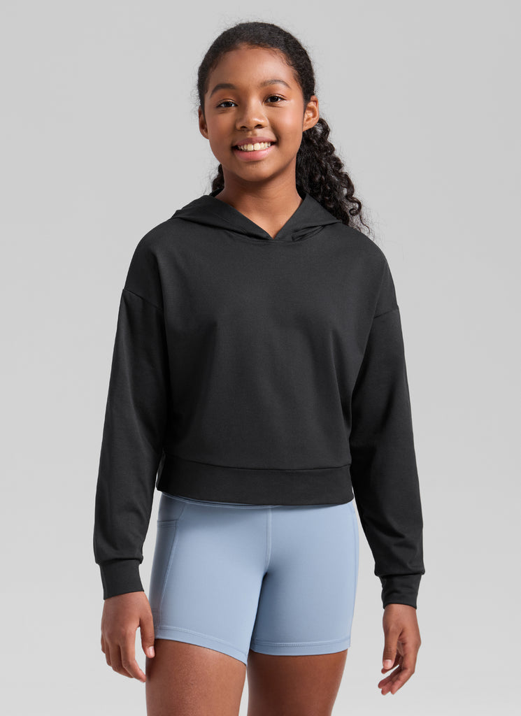 CRZ YOGA Girl's Cloud Jersey Casual Hooded Neck Long Sleeves Black