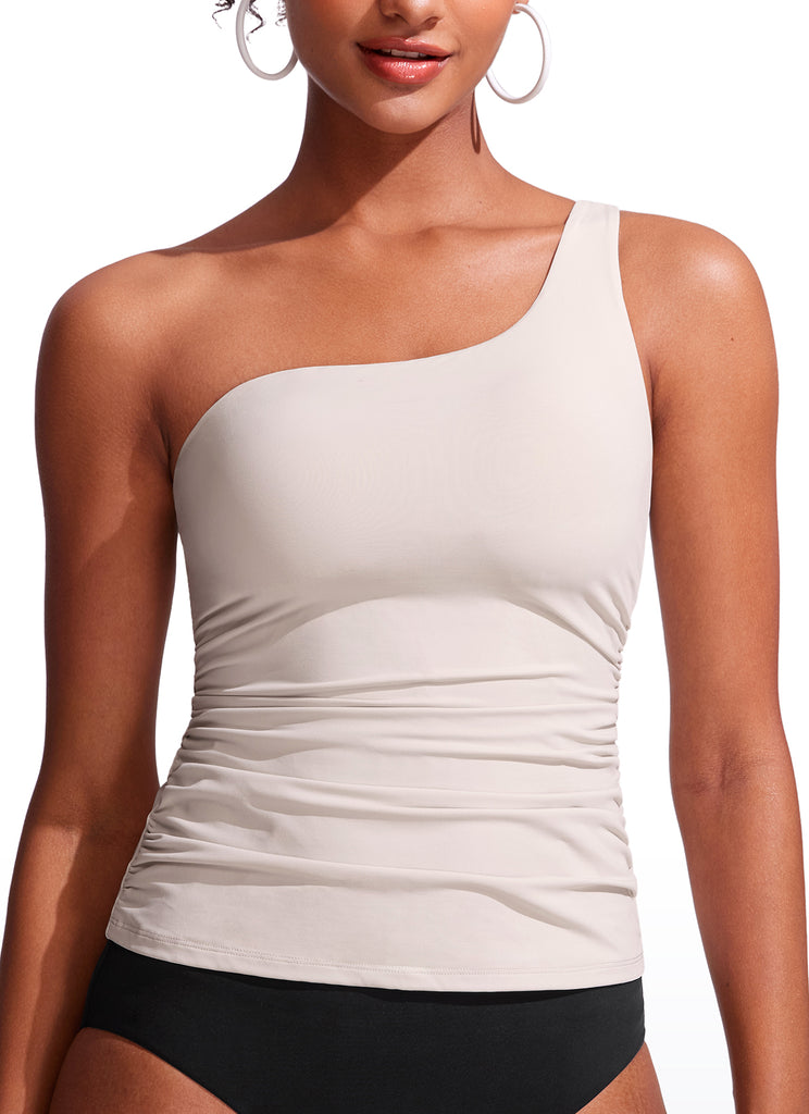 CRZ YOGA women's One Shoulder Tankini Ruched Adjustable Bathing Suits Milky White
