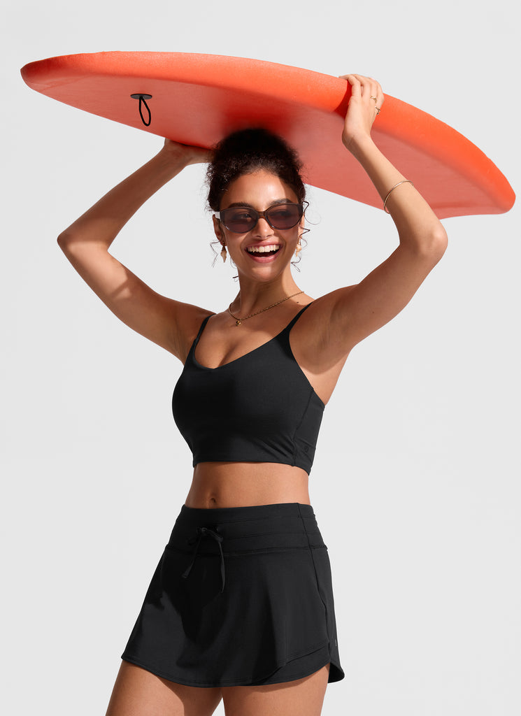 CRZ YOGA Women's Swimwear Bottoms High Rise Zip Pocket  Ruffle Short Black