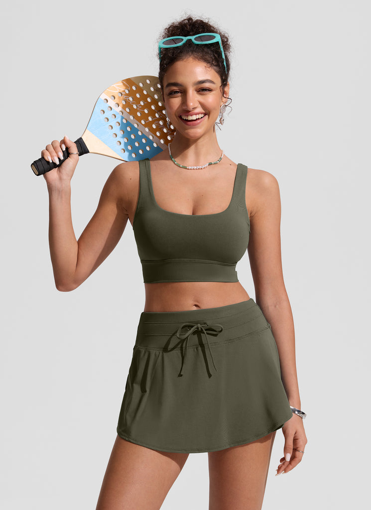 CRZ YOGA Women's Swimwear Bottoms High Rise Zip Pocket  Ruffle Short Dark Olive