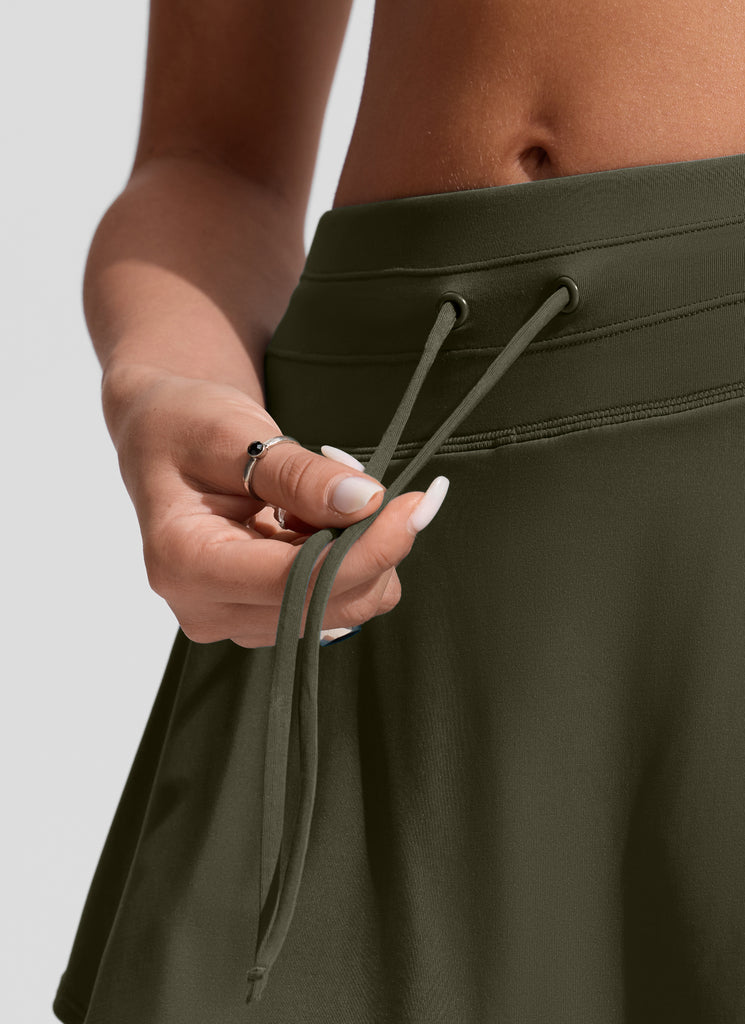 CRZ YOGA Women's Swimwear Bottoms High Rise Zip Pocket  Ruffle Short Dark Olive