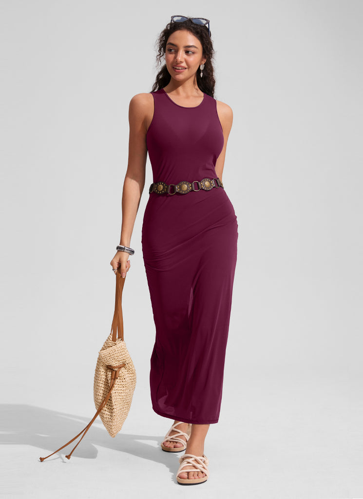 CRZ YOGA Women Mesh Midi Sleeveless Swimsuit Coverup with Back Slit Fuchsia