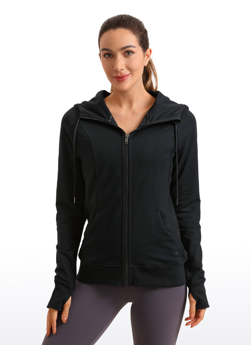 CRZ YOGA Women's Slim Fit Outerwear Cotton Terry Full Zip Hoodies White Apricot