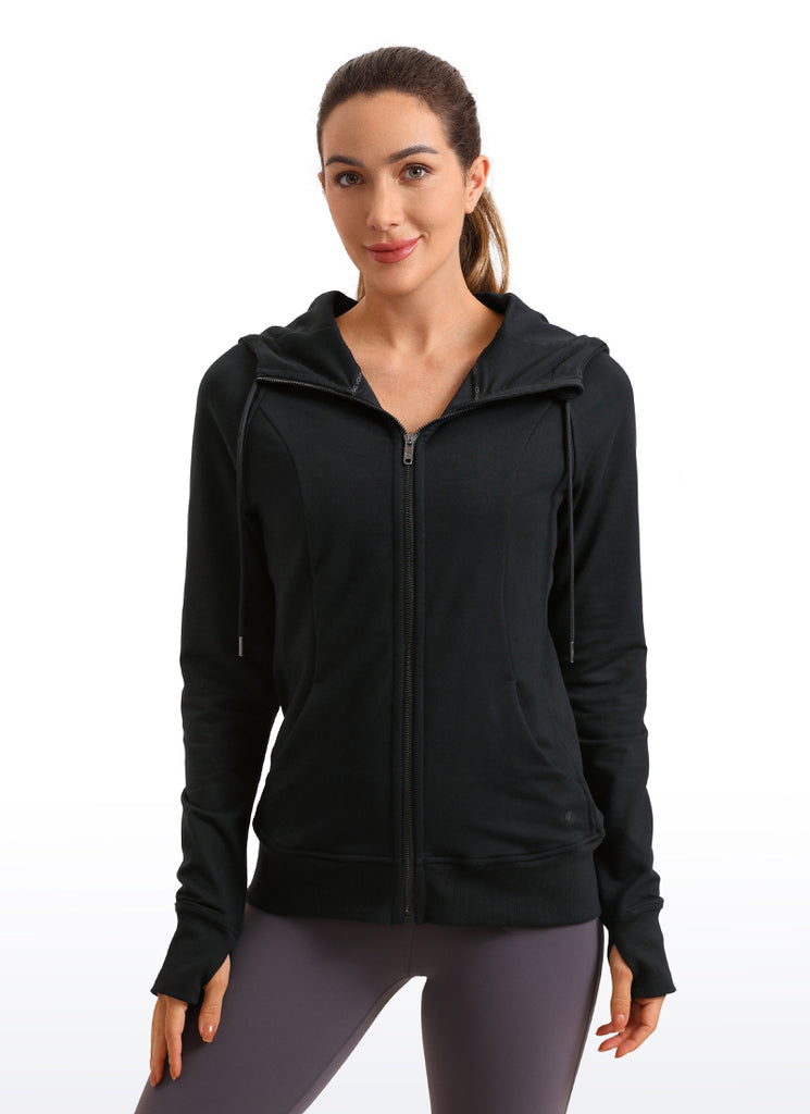 CRZ YOGA Women's Slim Fit Outerwear Cotton Terry Full Zip Hoodies White Apricot