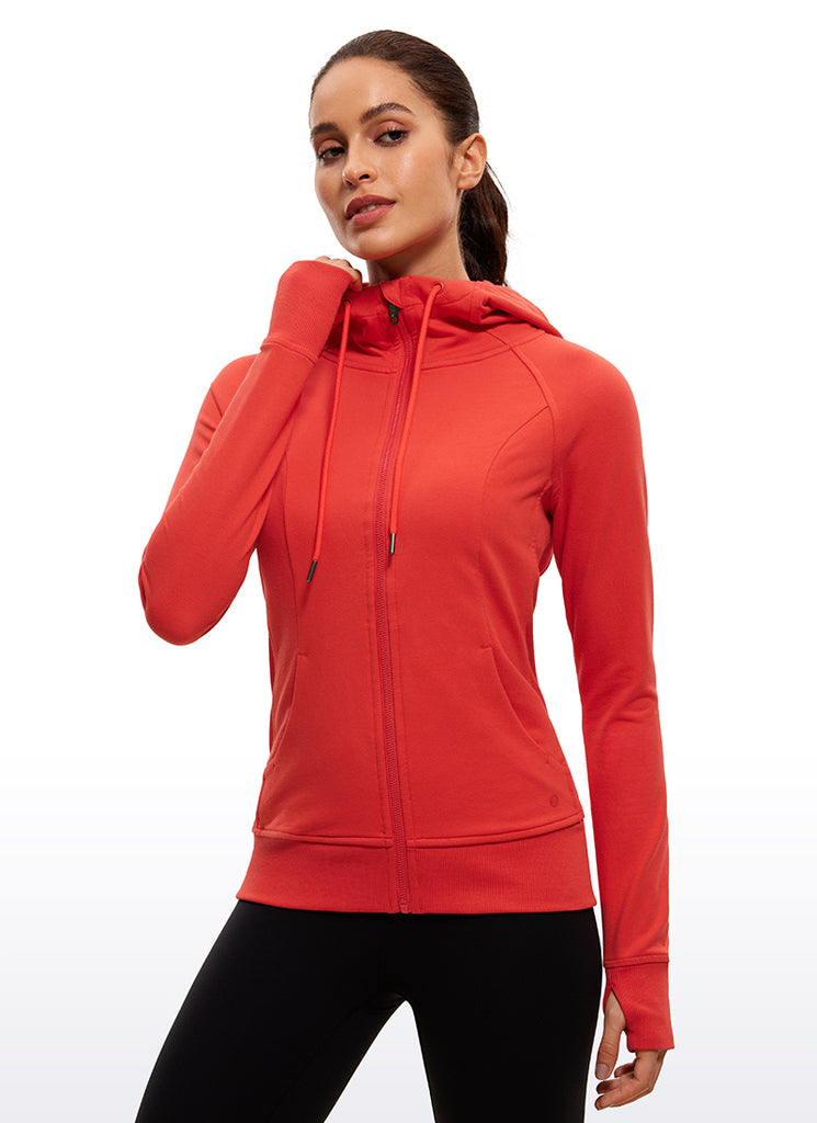 CRZ YOGA Women's Slim Fit Outerwear Cotton Terry Full Zip Hoodies Smoked Red