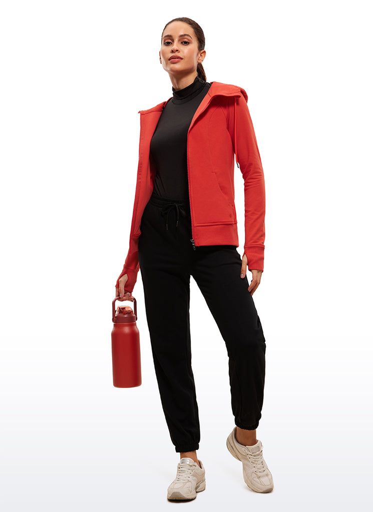 CRZ YOGA Women's Slim Fit Outerwear Cotton Terry Full Zip Hoodies Smoked Red