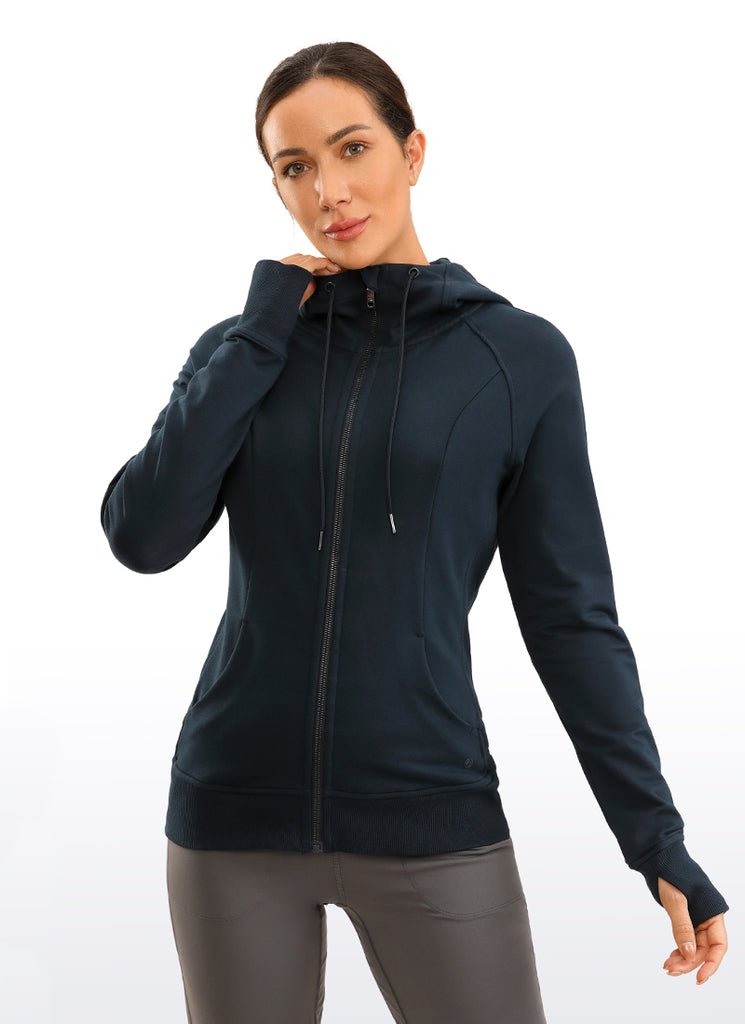 CRZ YOGA Women's Slim Fit Outerwear Cotton Terry Full Zip Hoodies Black