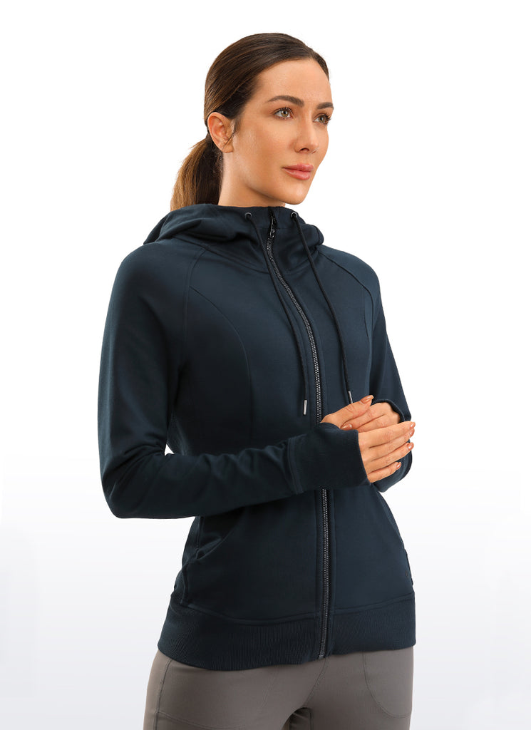 CRZ YOGA Women's Slim Fit Outerwear Cotton Terry Full Zip Hoodies Black