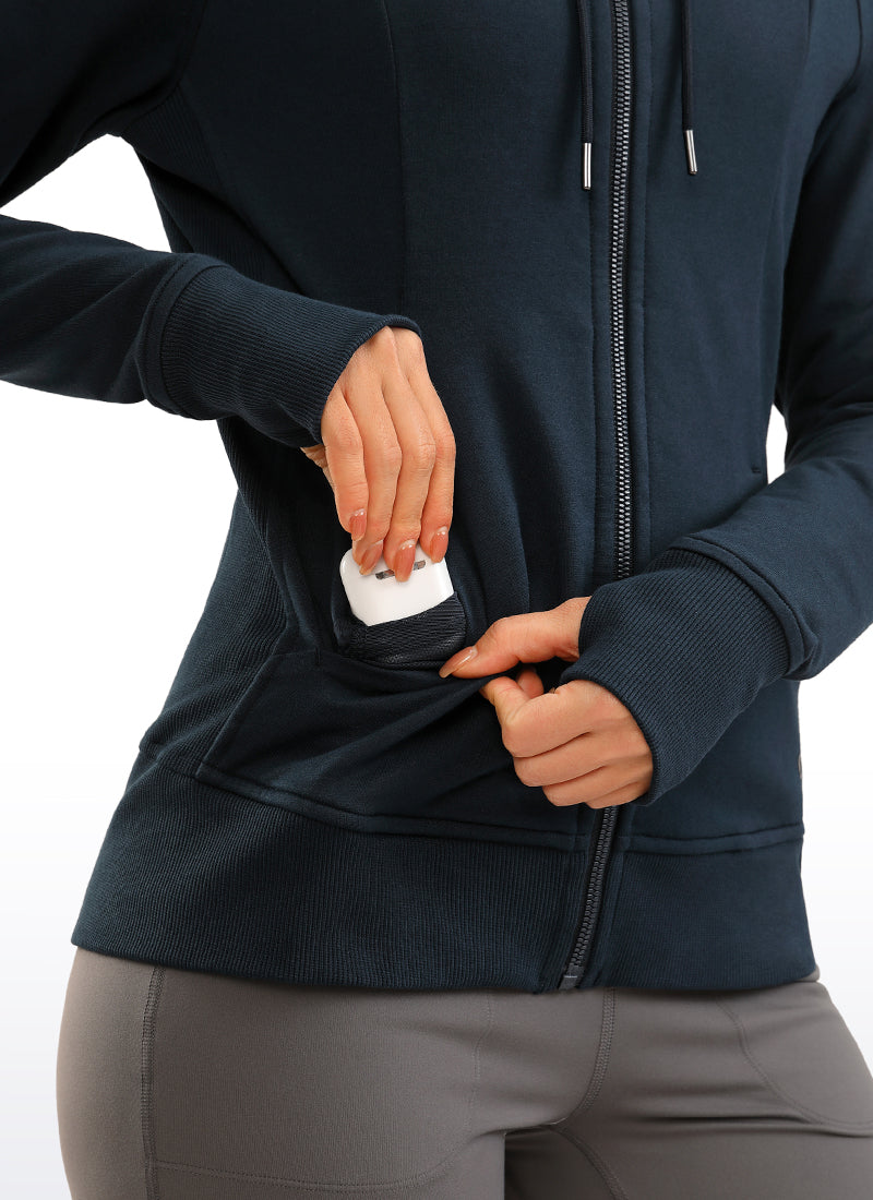 CRZ YOGA Women's Slim Fit Outerwear Cotton Terry Full Zip Hoodies True Navy