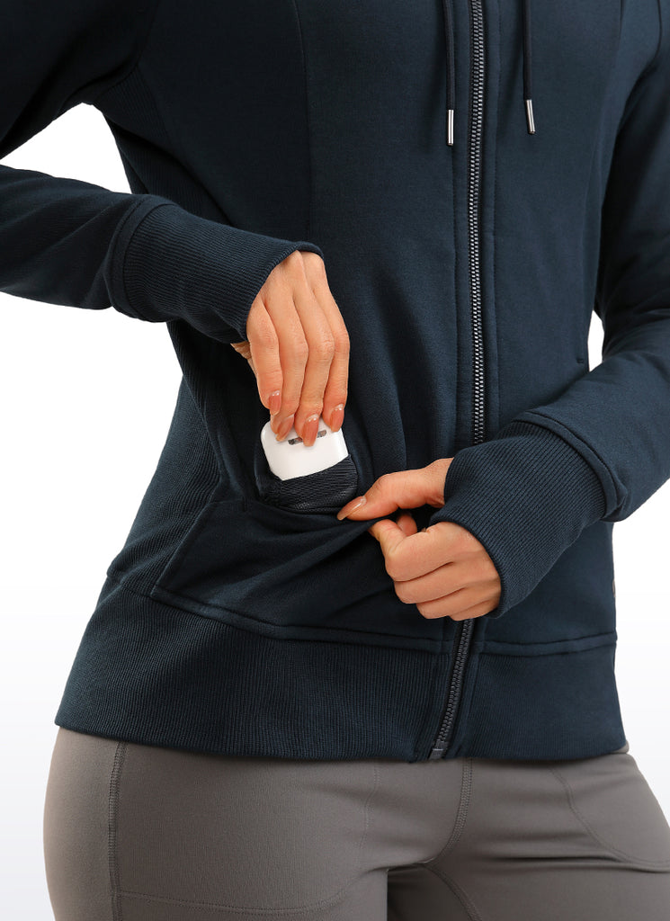 CRZ YOGA Women's Slim Fit Outerwear Cotton Terry Full Zip Hoodies True Navy