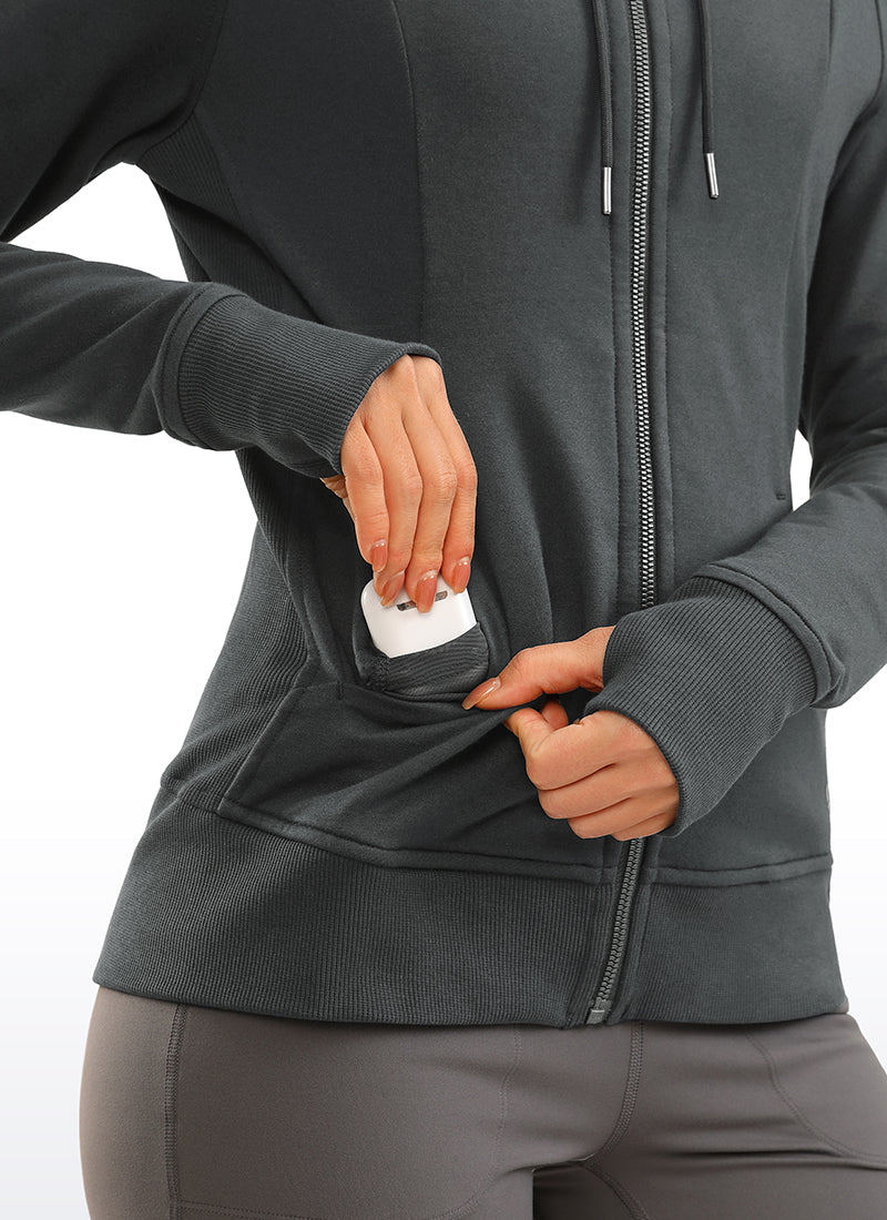 CRZ YOGA Women's Slim Fit Outerwear Cotton Terry Full Zip Hoodies True Navy