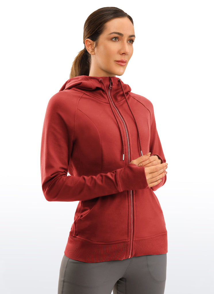 CRZ YOGA Women's Slim Fit Outerwear Cotton Terry Full Zip Hoodies Smoked Red