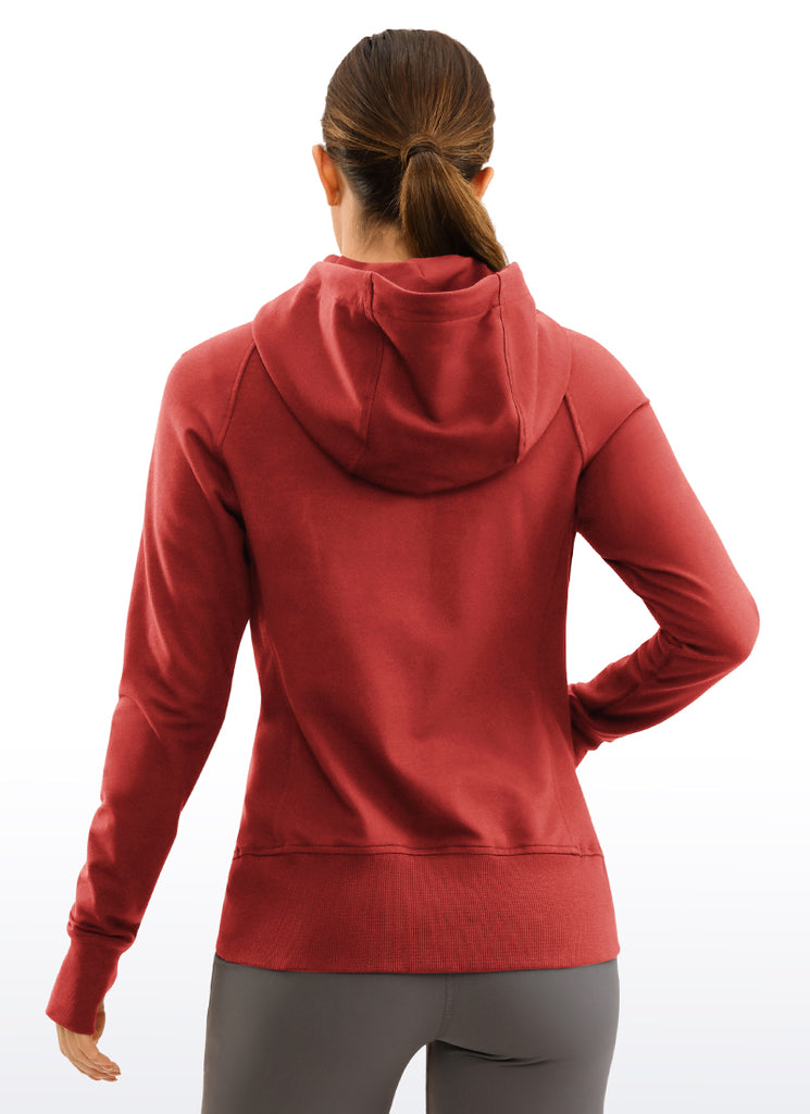 CRZ YOGA Women's Slim Fit Outerwear Cotton Terry Full Zip Hoodies Smoked Red
