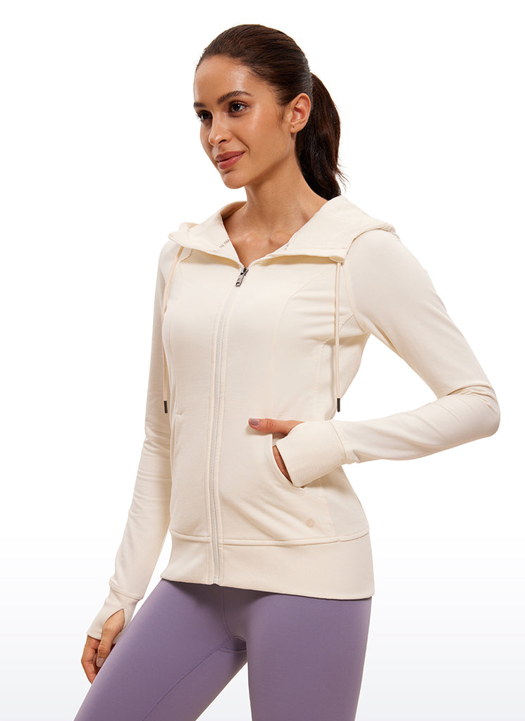 CRZ YOGA Women's Slim Fit Outerwear Cotton Terry Full Zip Hoodies White Apricot