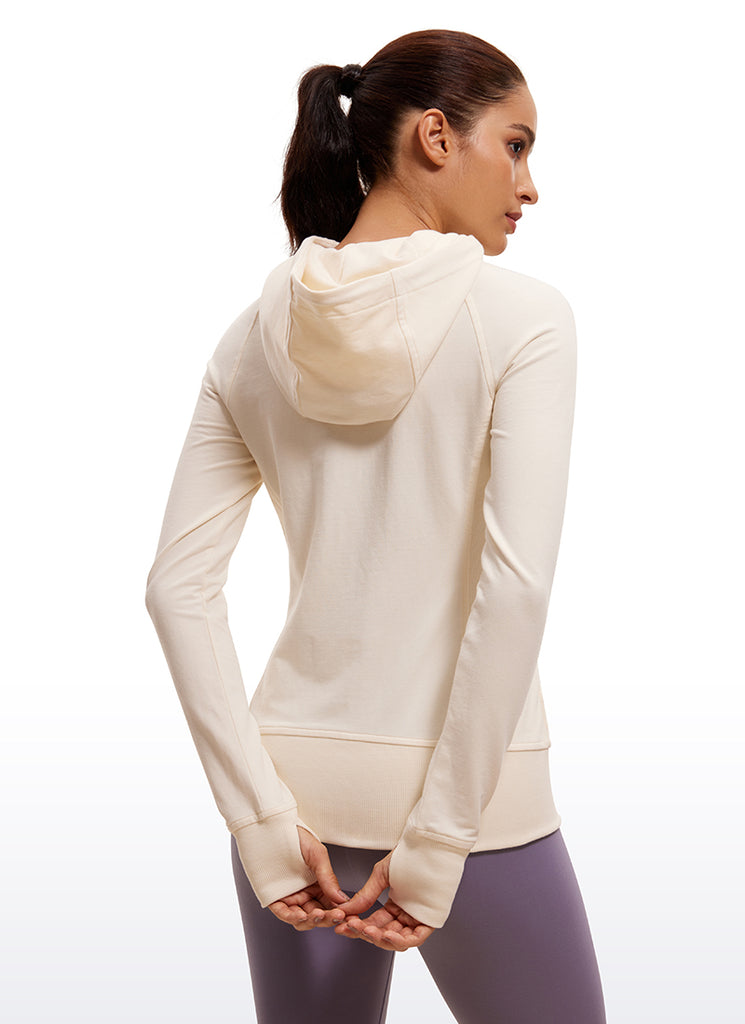CRZ YOGA Women's Slim Fit Outerwear Cotton Terry Full Zip Hoodies White Apricot