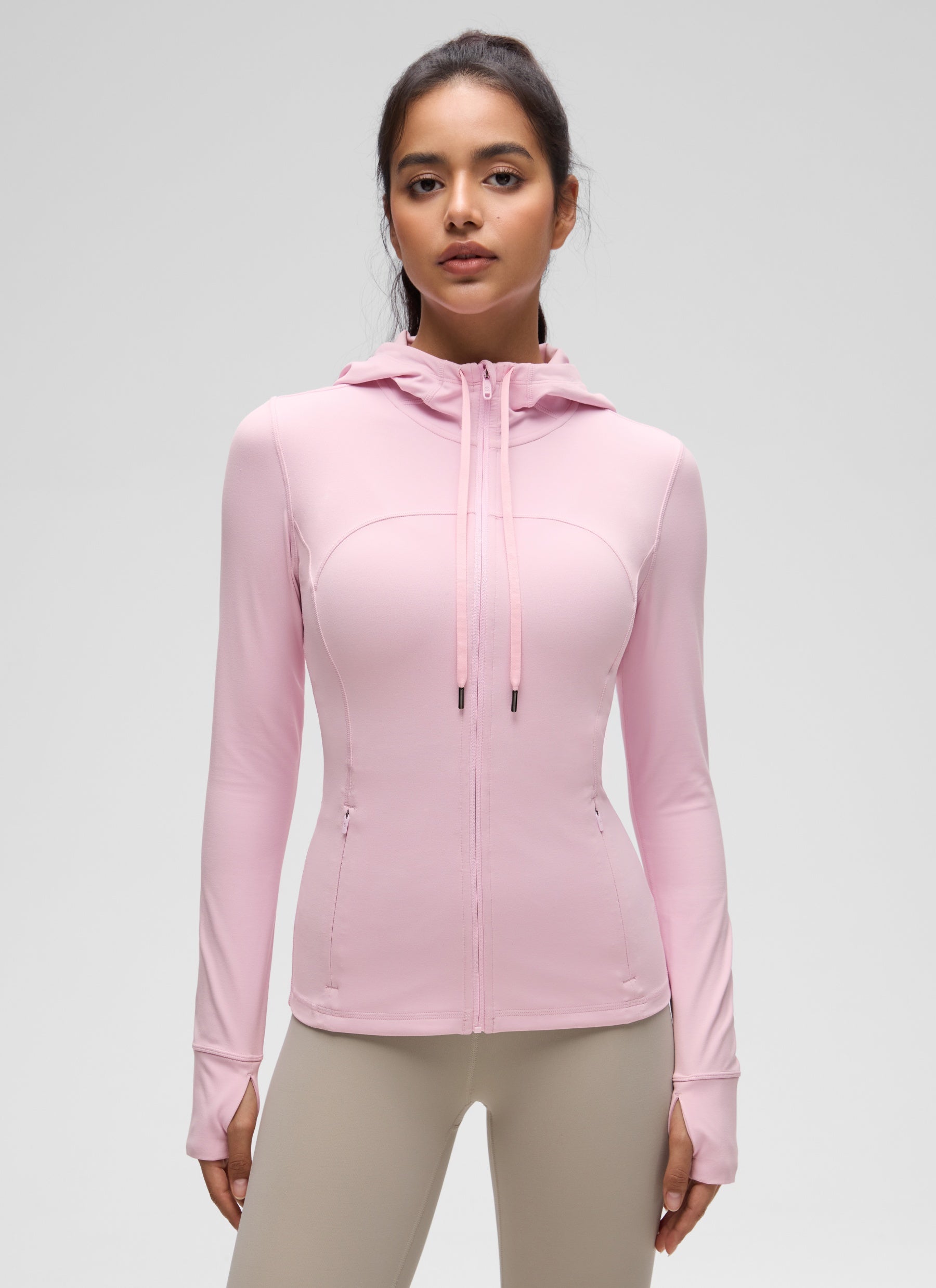 CRZ YOGA Women's Butterluxe Slim Fit Pocket Outerwear Full Zip Hoodies Pink Peony @model_info:Liss
