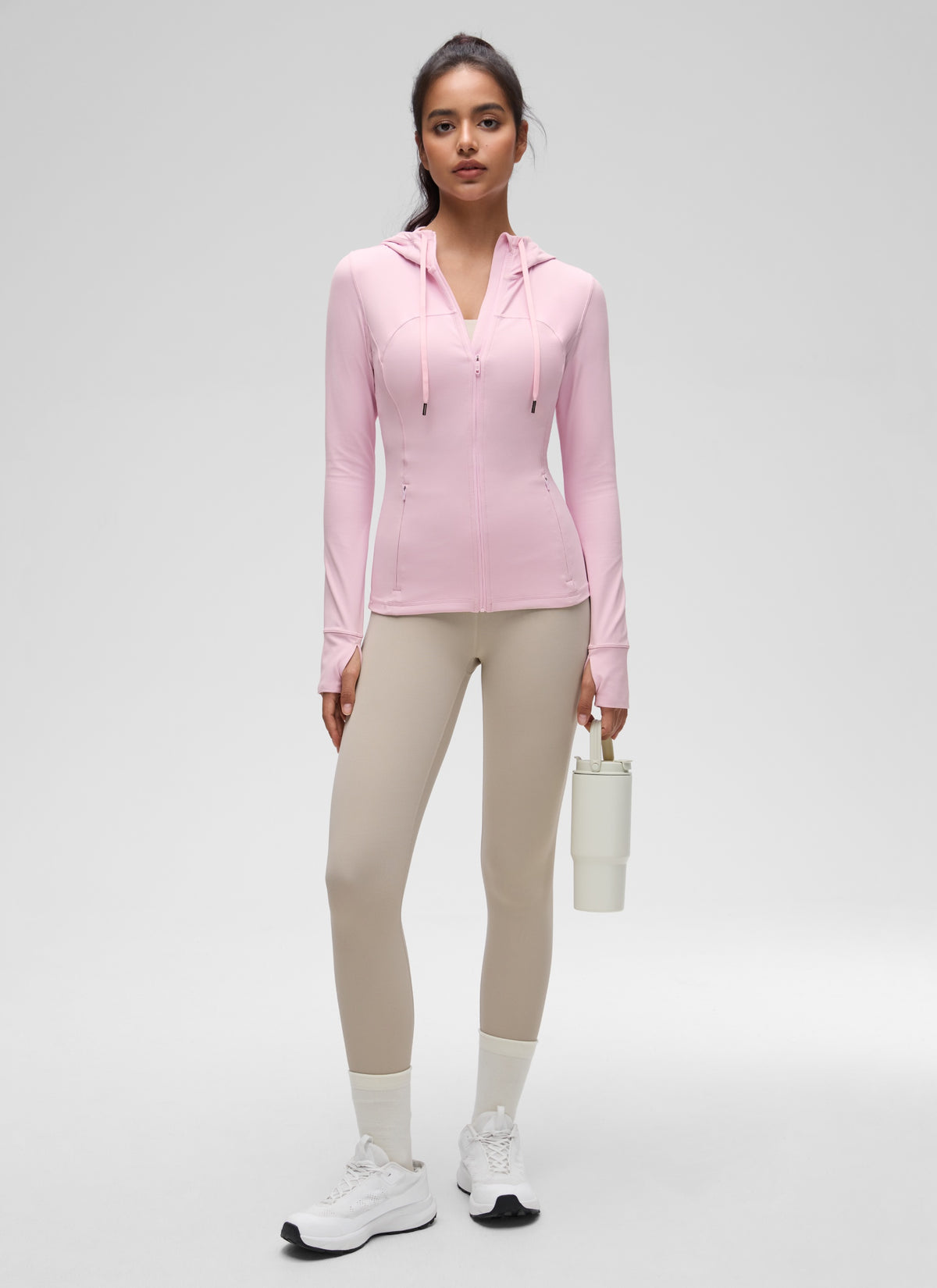 CRZ YOGA Women's Butterluxe Slim Fit Pocket Outerwear Full Zip Hoodies Pink Peony @model_info:Liss