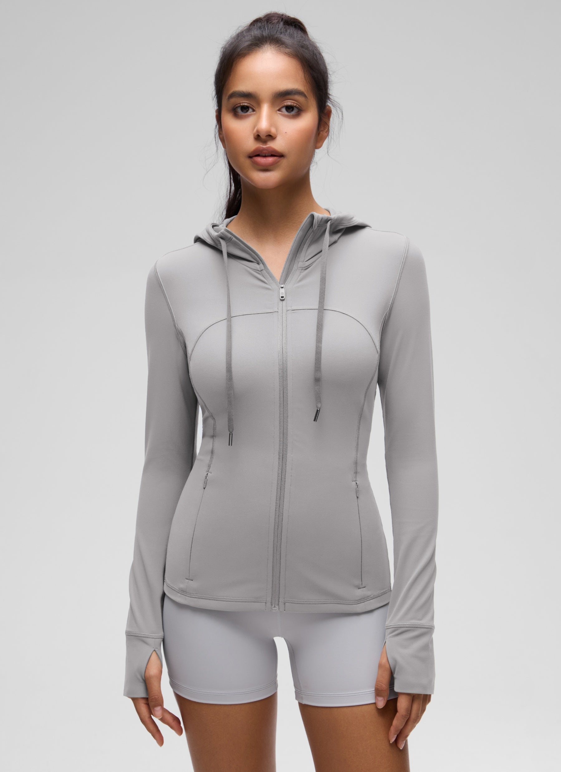 CRZ YOGA Women's Butterluxe Slim Fit Pocket Outerwear Full Zip Hoodies Gull Gray @model_info:Liss