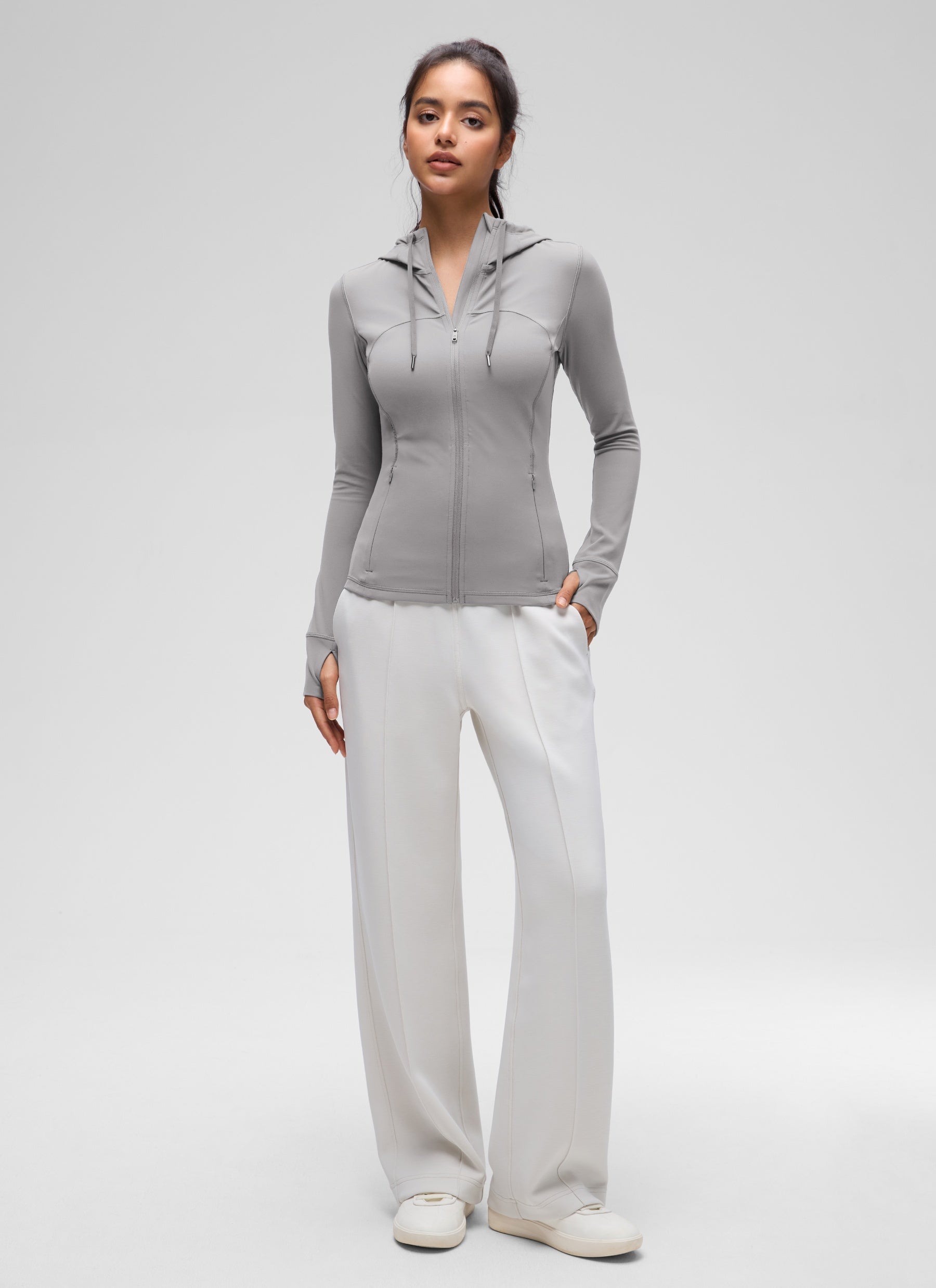 CRZ YOGA Women's Butterluxe Slim Fit Pocket Outerwear Full Zip Hoodies Gull Gray @model_info:Liss