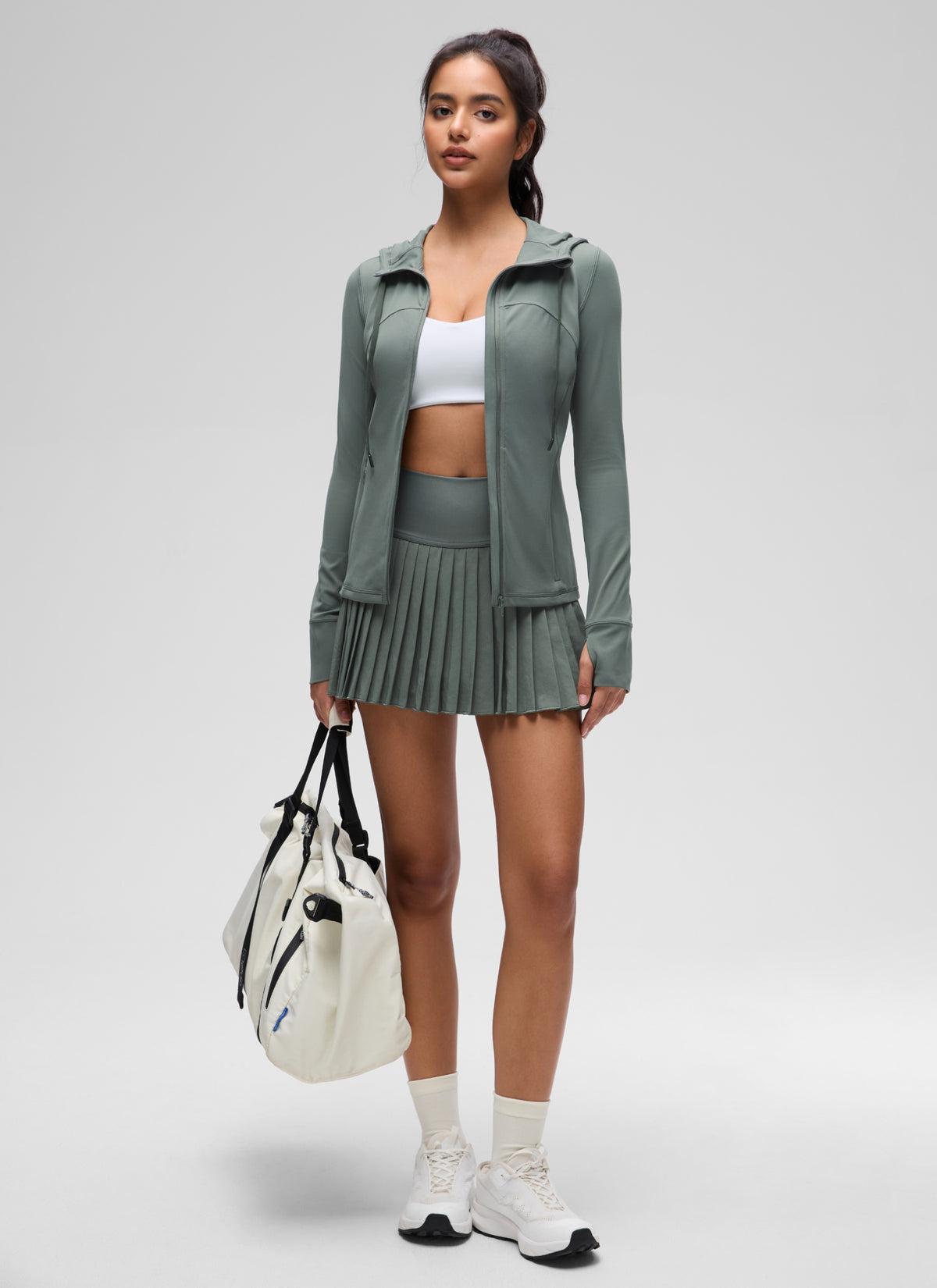CRZ YOGA Women's Butterluxe Slim Fit Pocket Outerwear Full Zip Hoodies Grey Sage @model_info:Liss