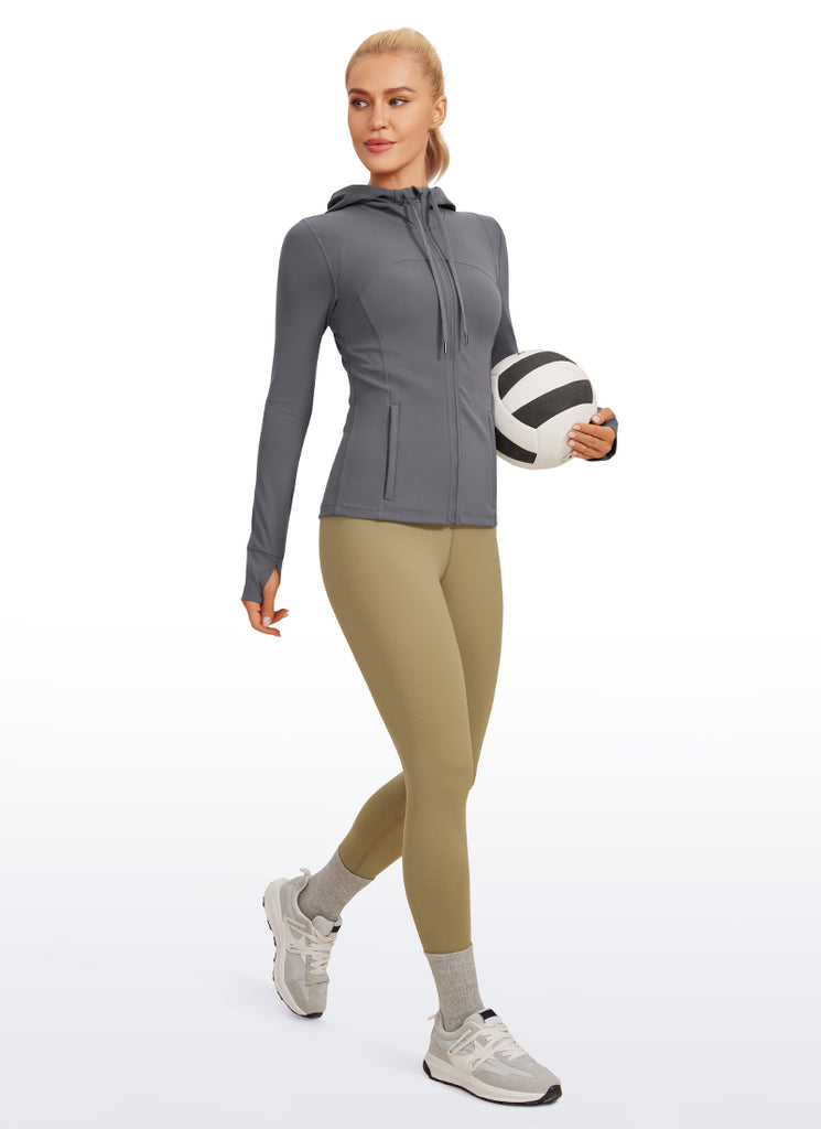 CRZ YOGA Women's Butterluxe Slim Fit Pocket Outerwear Full Zip Hoodies Dark Carbon