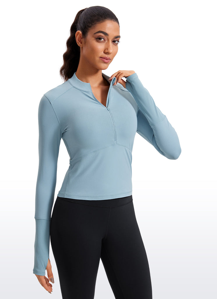 CRZ YOGA Women's Run Slim Fit Brushed Half-Zip Long Sleeve Cropped Light grayish blue