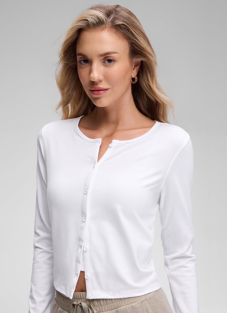 CRZ YOGA Women's Cloud Jersey Casual Button Down Waist Length Cardigan White