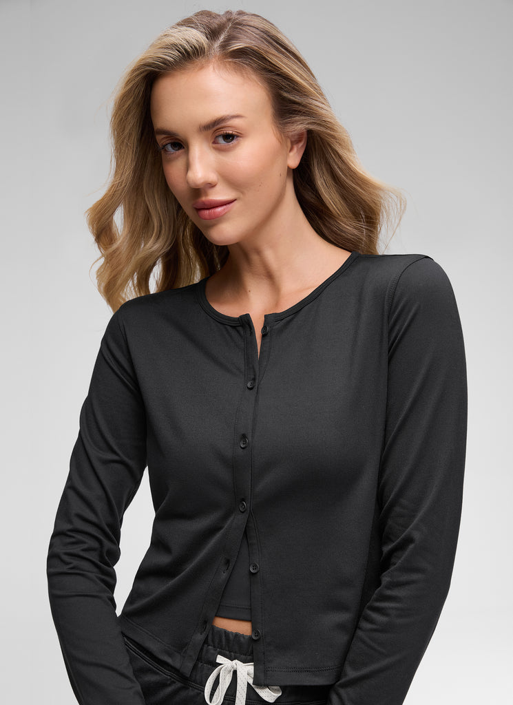 CRZ YOGA Women's Cloud Jersey Casual Button Down Waist Length Cardigan Black
