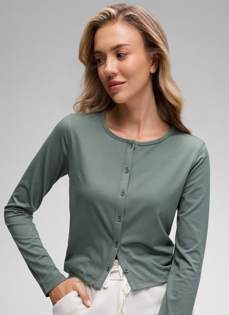 CRZ YOGA Women's Cloud Jersey Casual Button Down Waist Length Cardigan Mojave Tan