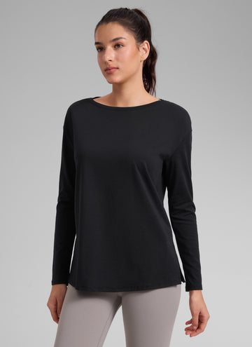 CRZ YOGA Women's Workout Boat Neck Hip Length Relaxed Fit Long Sleeves Black