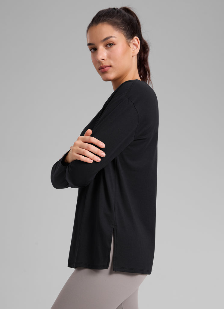 CRZ YOGA Women's Workout Boat Neck Hip Length Relaxed Fit Long Sleeves Black