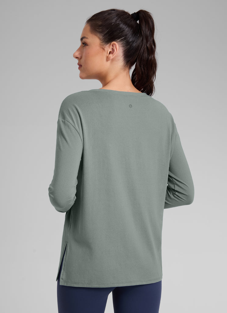 CRZ YOGA Women's Workout Boat Neck Hip Length Relaxed Fit Long Sleeves Grey Sage
