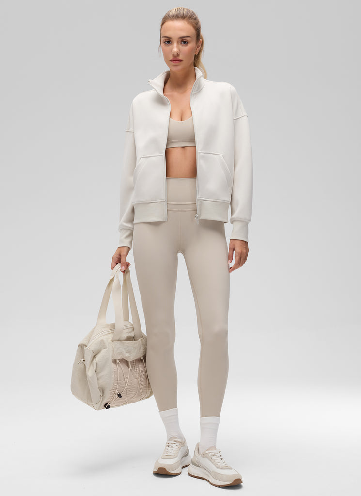 CRZ YOGA Women's Softaura Casual High Mock Neck Pocket Full Zip Jacket Milky White