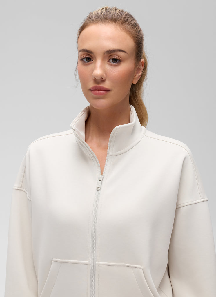 CRZ YOGA Women's Softaura Casual High Mock Neck Pocket Full Zip Jacket Milky White