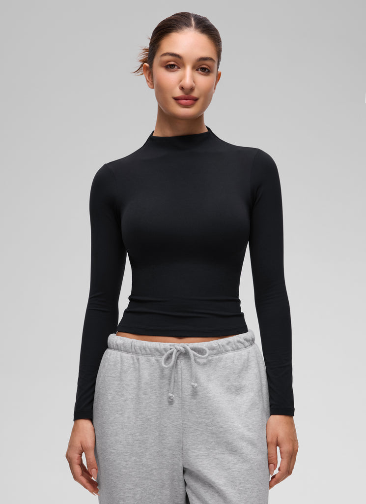 CRZ YOGA Women's Softembrace Mock Neck Waist Length Long Sleeves Black