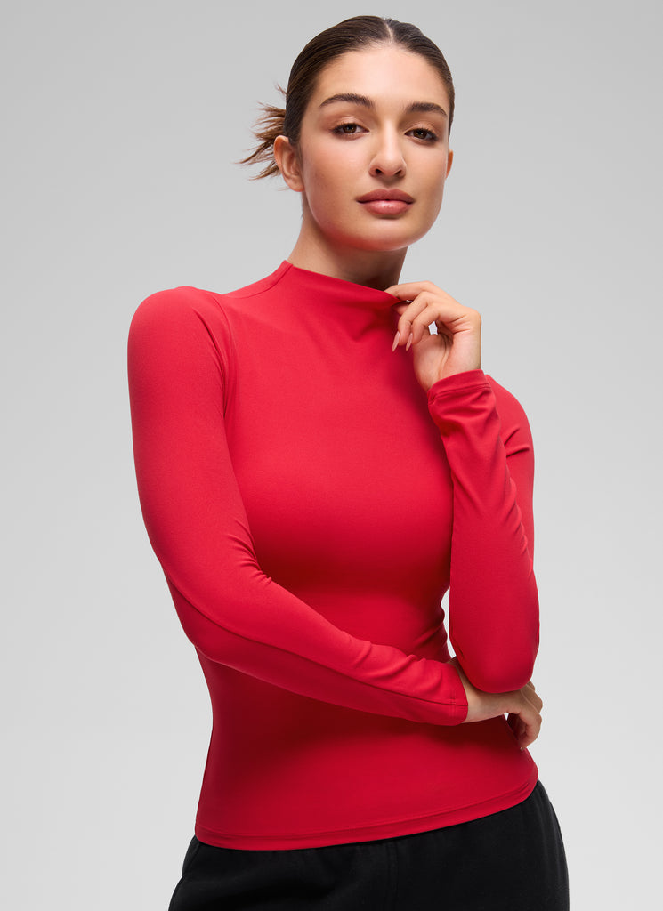 CRZ YOGA Women's Softembrace Mock Neck Waist Length Long Sleeves Aurora Red