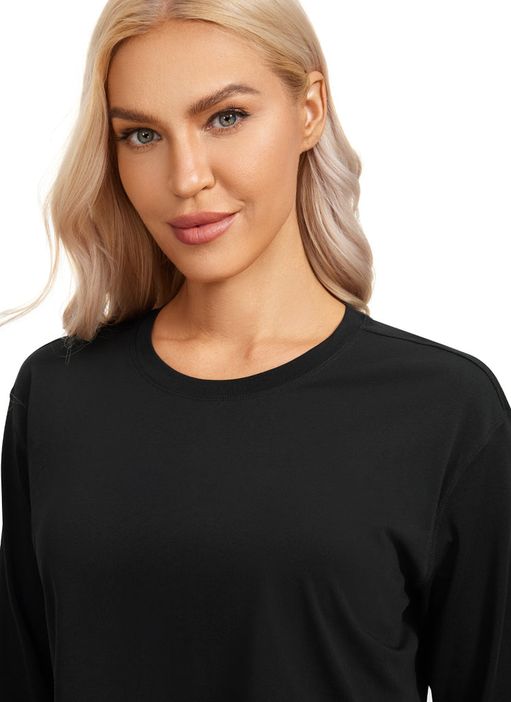 CRZ YOGA Women's Yoga Loose Fit Tops Pima Cotton Cropped Long Sleeve Black