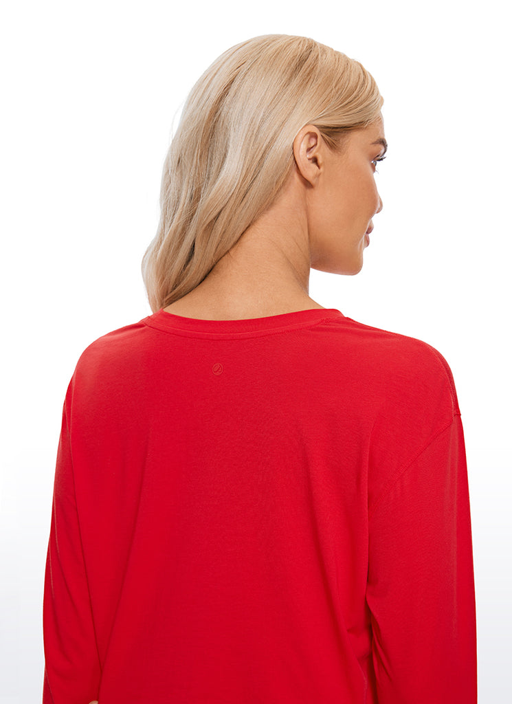 CRZ YOGA Women's Yoga Loose Fit Tops Pima Cotton Cropped Long Sleeve Festival Red