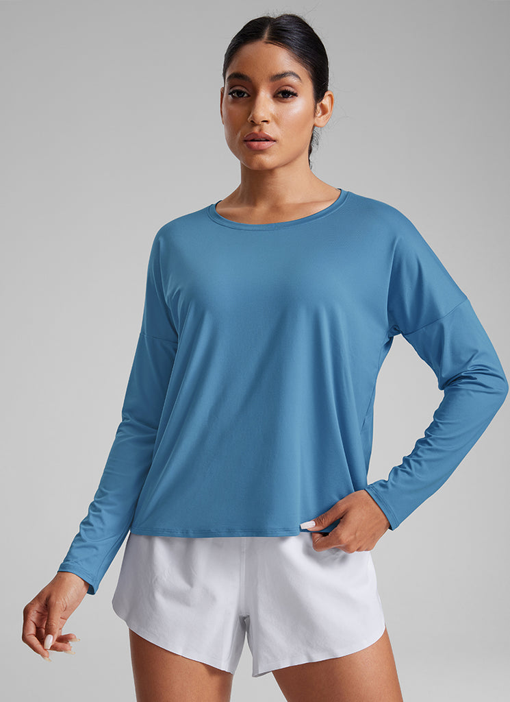CRZ YOGA Women's Yoga Relaxed Fit Running Crop Long Sleeve Shirts Poolside Blue