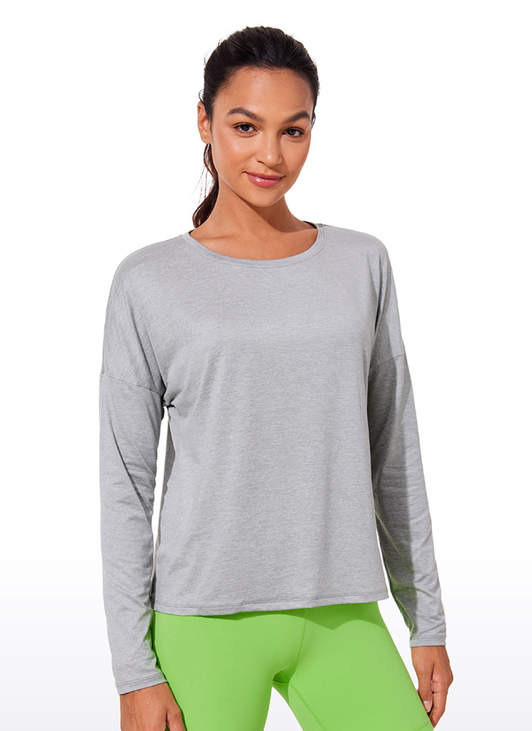 CRZ YOGA Women's Yoga Relaxed Fit Running Crop Long Sleeve Shirts Silver Mist