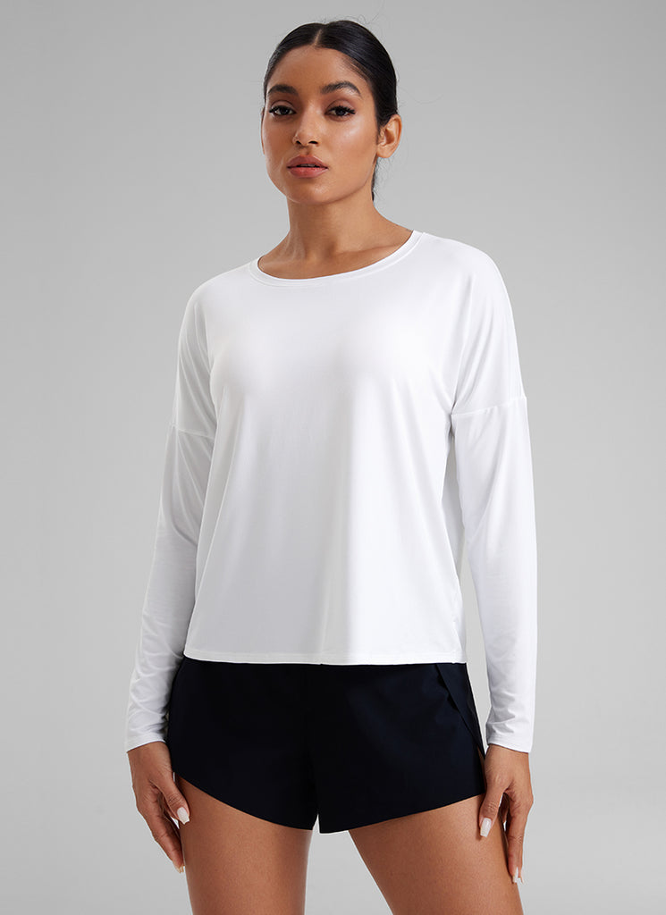 CRZ YOGA Women's Yoga Relaxed Fit Running Crop Long Sleeve Shirts White