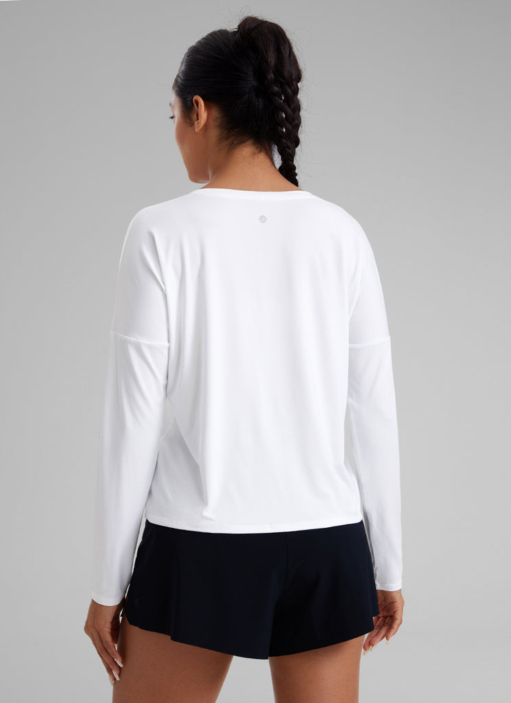 CRZ YOGA Women's Yoga Relaxed Fit Running Crop Long Sleeve Shirts White