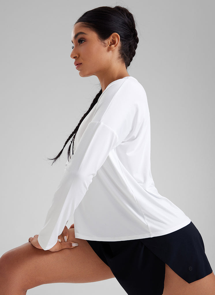 CRZ YOGA Women's Yoga Relaxed Fit Running Crop Long Sleeve Shirts White