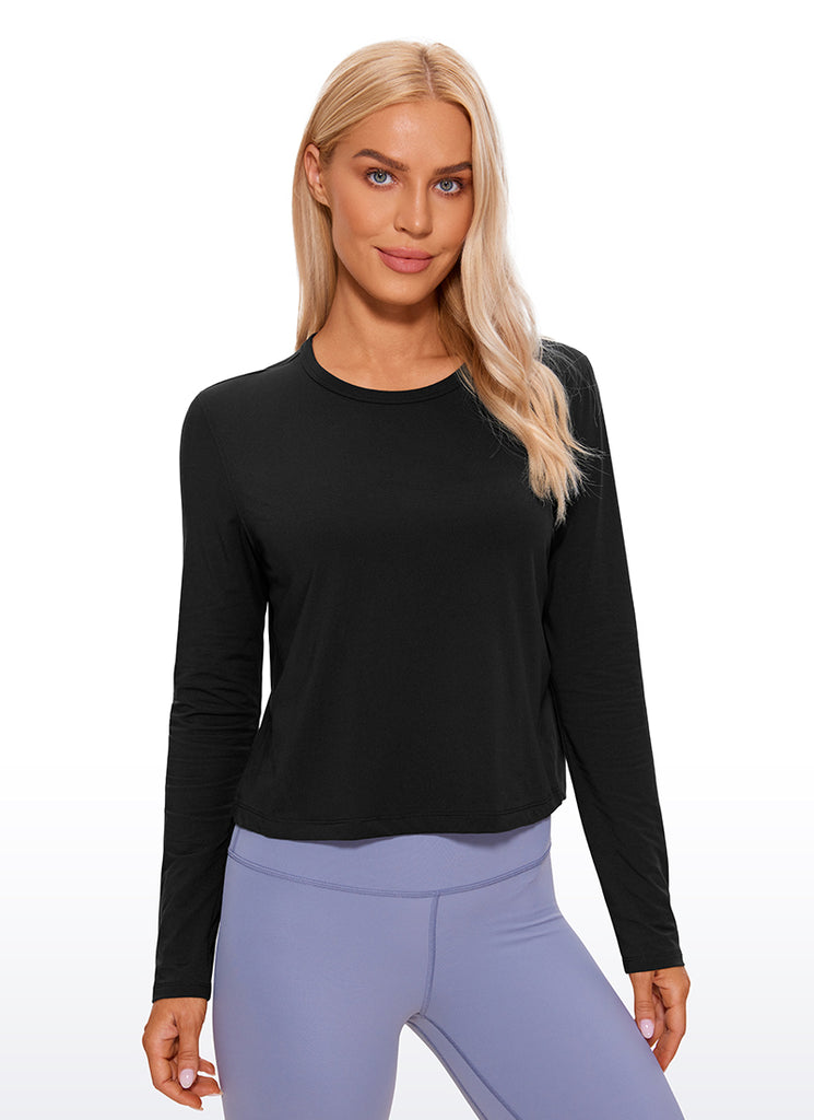 CRZ YOGA Women's Yoga Loose Fit Tops Pima Cotton Cropped Long Sleeve Black